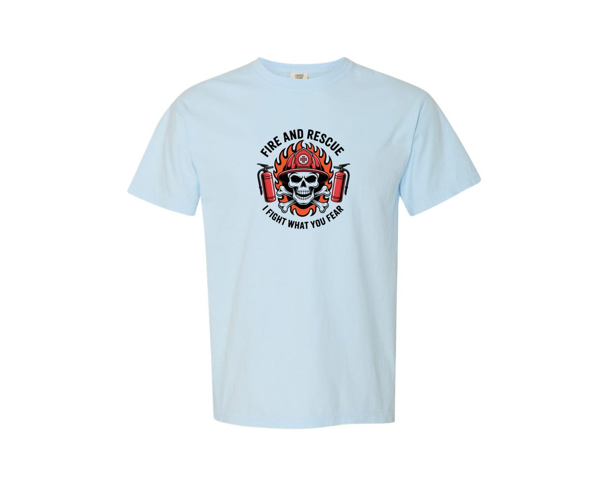 brand:Comfort Colors|color:Chambray|Firefighter Skull Fire And Rescue Graphic T-Shirt