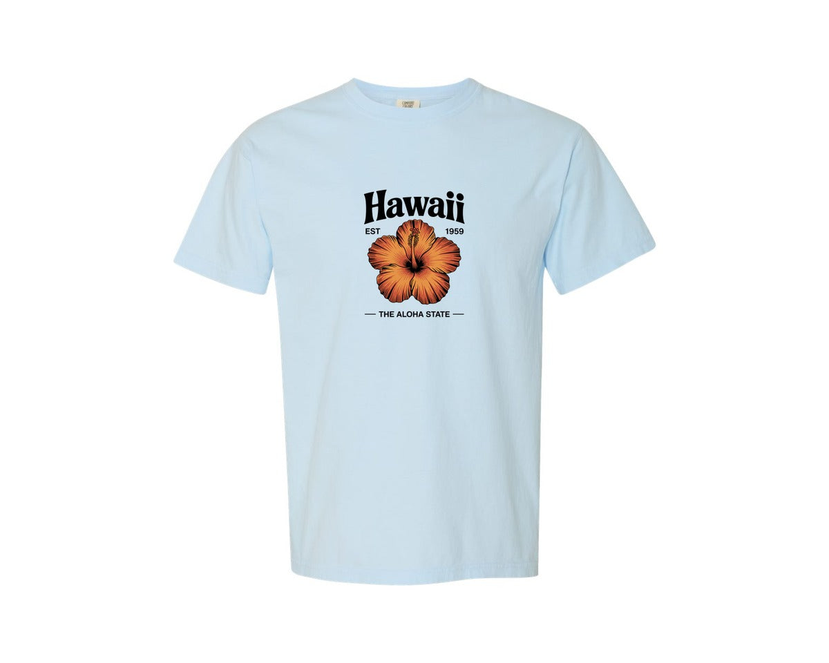 brand:Comfort Colors|color:Chambray|Hawaii The Aloha State Summer Retro Graphic T-Shirt