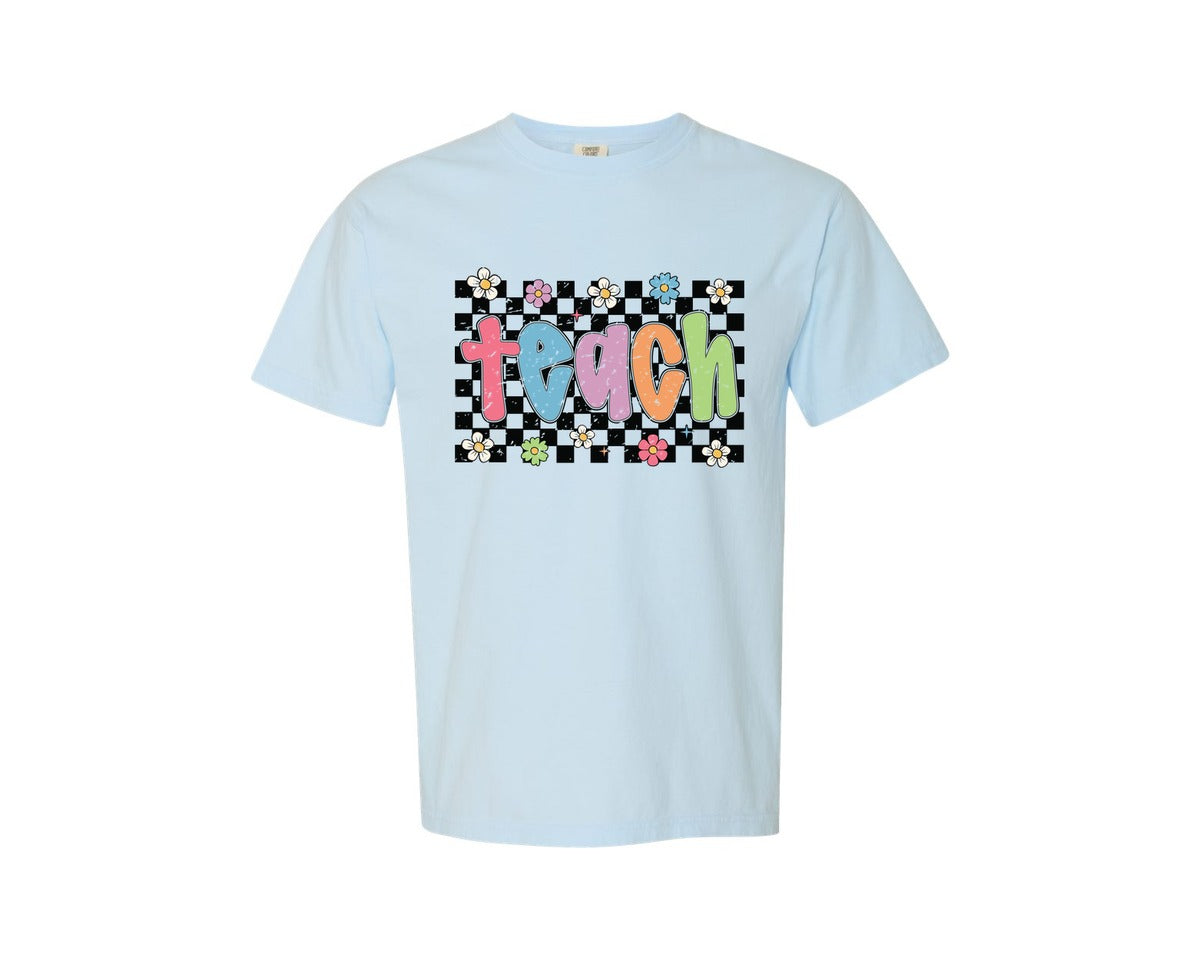 brand:Comfort Colors|color:Chambray|Teach Checkered Preppy Teacher Floral Graphic T-Shirt