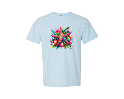 brand:Comfort Colors|color:Chambray|Colorful Ocean Starfish Seashells Graphic T-Shirt