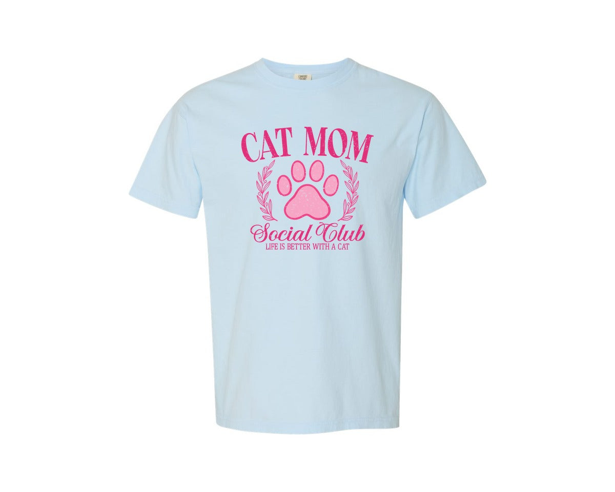 brand:Comfort Colors|color:Chambray|Cat Mom Social Club Retro Mama Pink Graphic T-Shirt