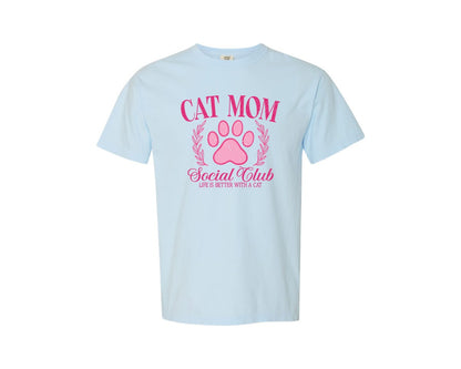 brand:Comfort Colors|color:Chambray|Cat Mom Social Club Retro Mama Pink Graphic T-Shirt