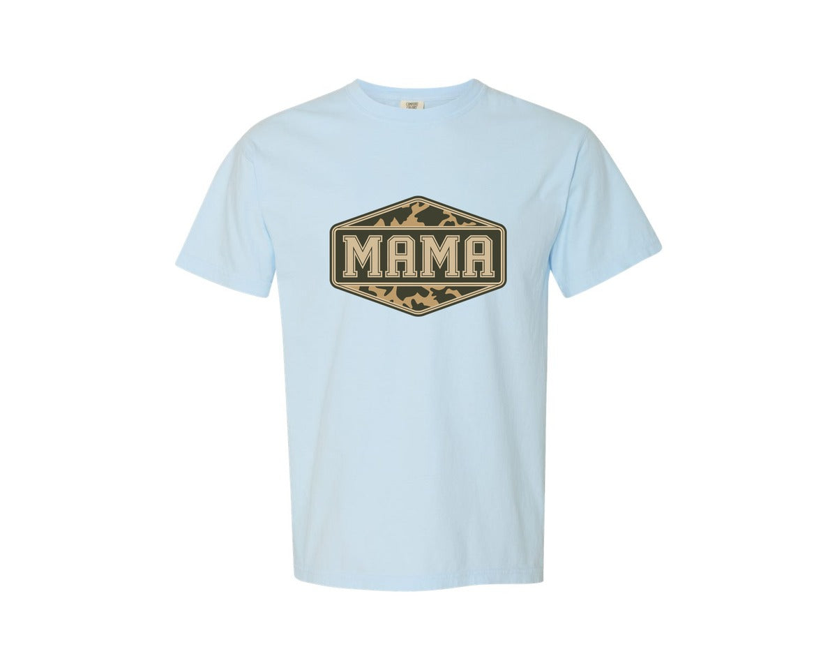 brand:Comfort Colors|color:Chambray|Mama Camouflage Military Badge Design Graphic T-Shirt