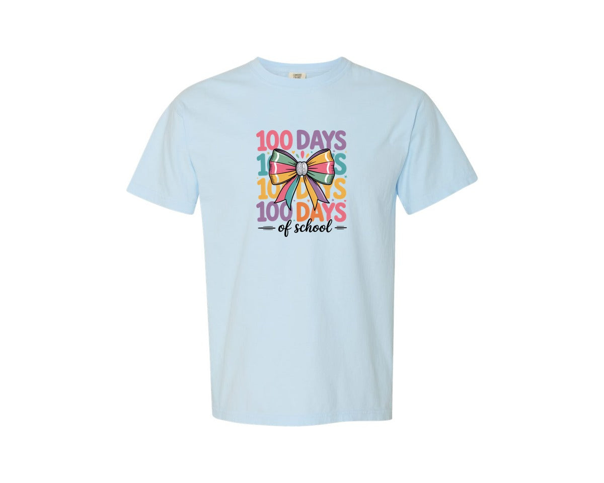 brand:Comfort Colors|color:Chambray|100 Days Of School Colorful Bow Graphic T-Shirt