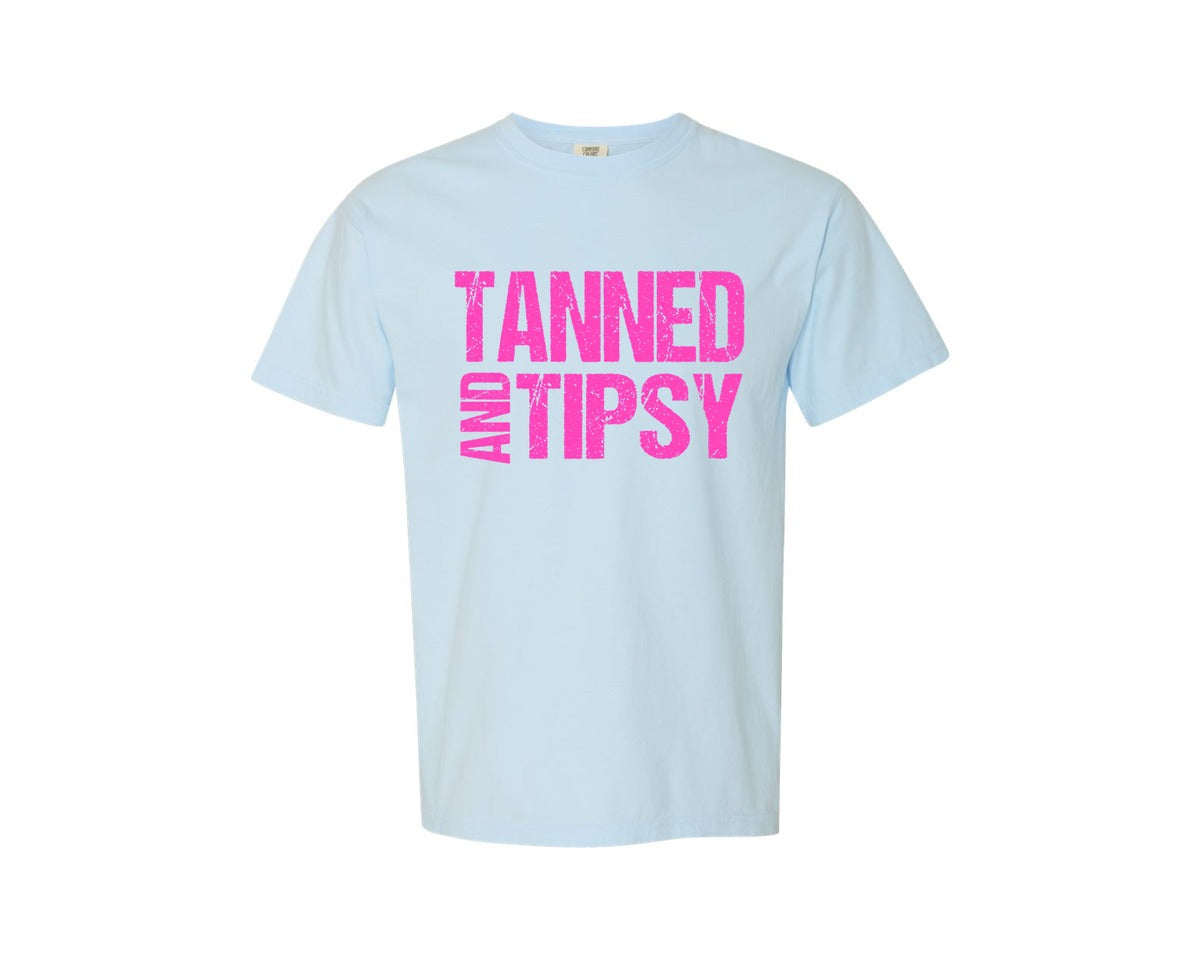 brand:Comfort Colors|color:Chambray|Tanned And Tipsy Sunshine Beach Graphic T-Shirt