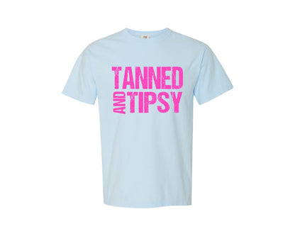brand:Comfort Colors|color:Chambray|Tanned And Tipsy Sunshine Beach Graphic T-Shirt