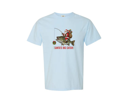 brand:Comfort Colors|color:Chambray|Santa Fishing Bass Funny Christmas Graphic T-Shirt