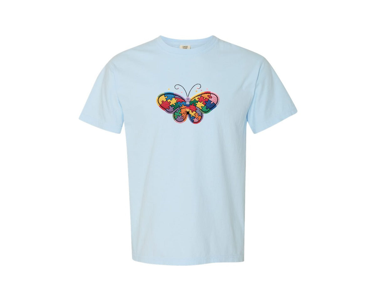 brand:Comfort Colors|color:Chambray|Faux Yarn Autism Butterfly Graphic T-Shirt