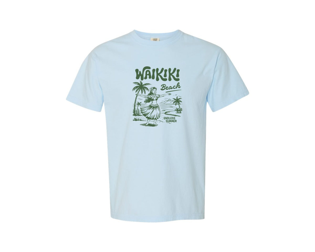 brand:Comfort Colors|color:Chambray|Waikiki Beach Endless Summer Hawaii Graphic T-Shirt