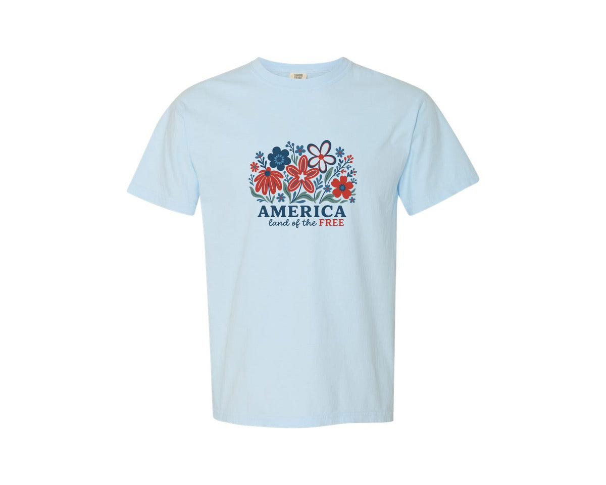 brand:Comfort Colors|color:Chambray|America Land Of The Free Floral Graphic T-Shirt