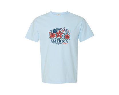 brand:Comfort Colors|color:Chambray|America Land Of The Free Floral Graphic T-Shirt