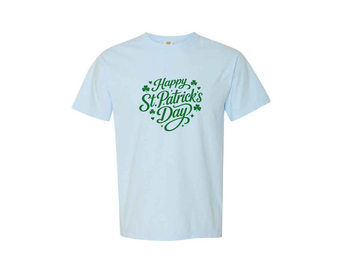 brand:Comfort Colors|color:Chambray|Retro Happy St Patricks Day Clover Graphic T-Shirt