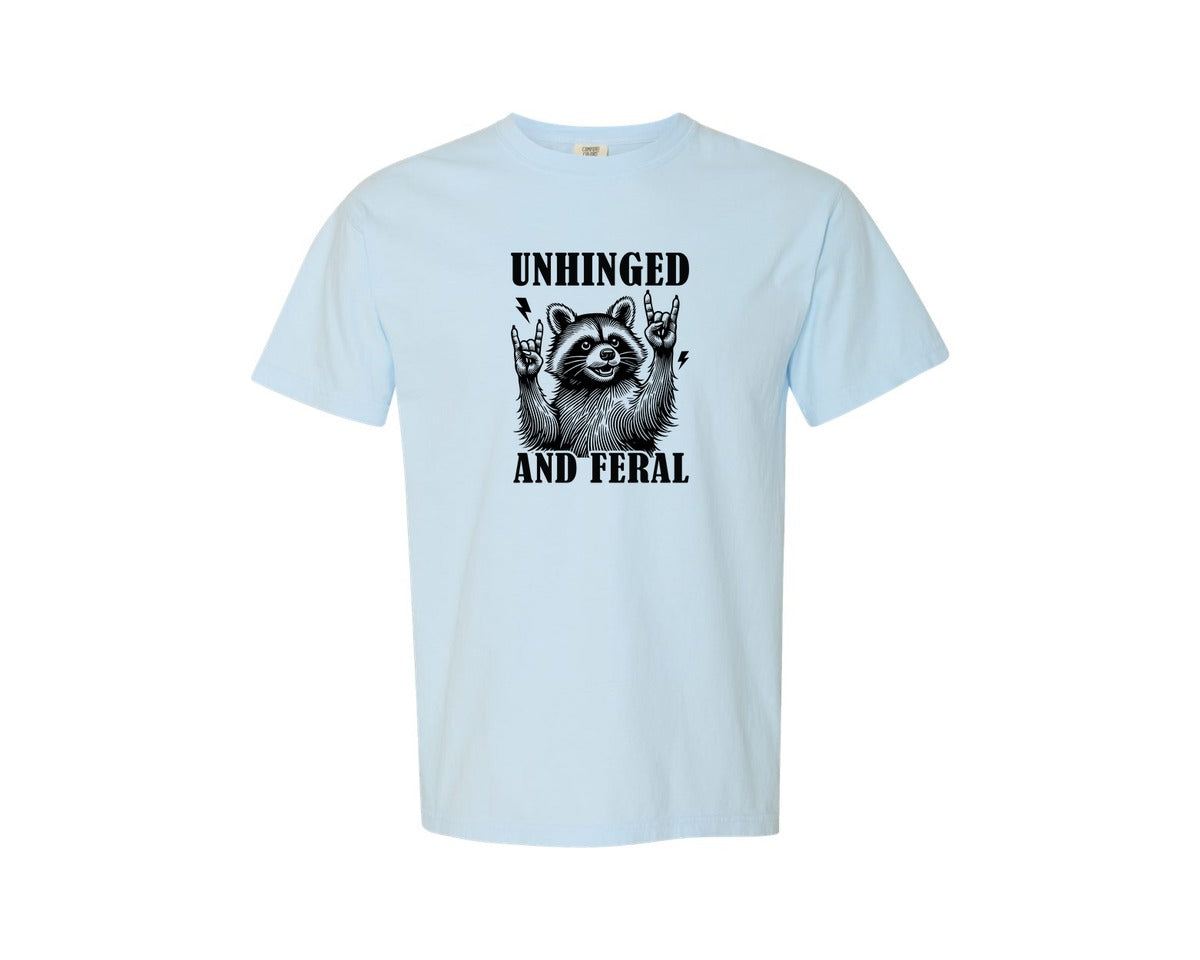 brand:Comfort Colors|color:Chambray|Unhinged And Feral Vintage Raccoon Meme Graphic T-Shirt