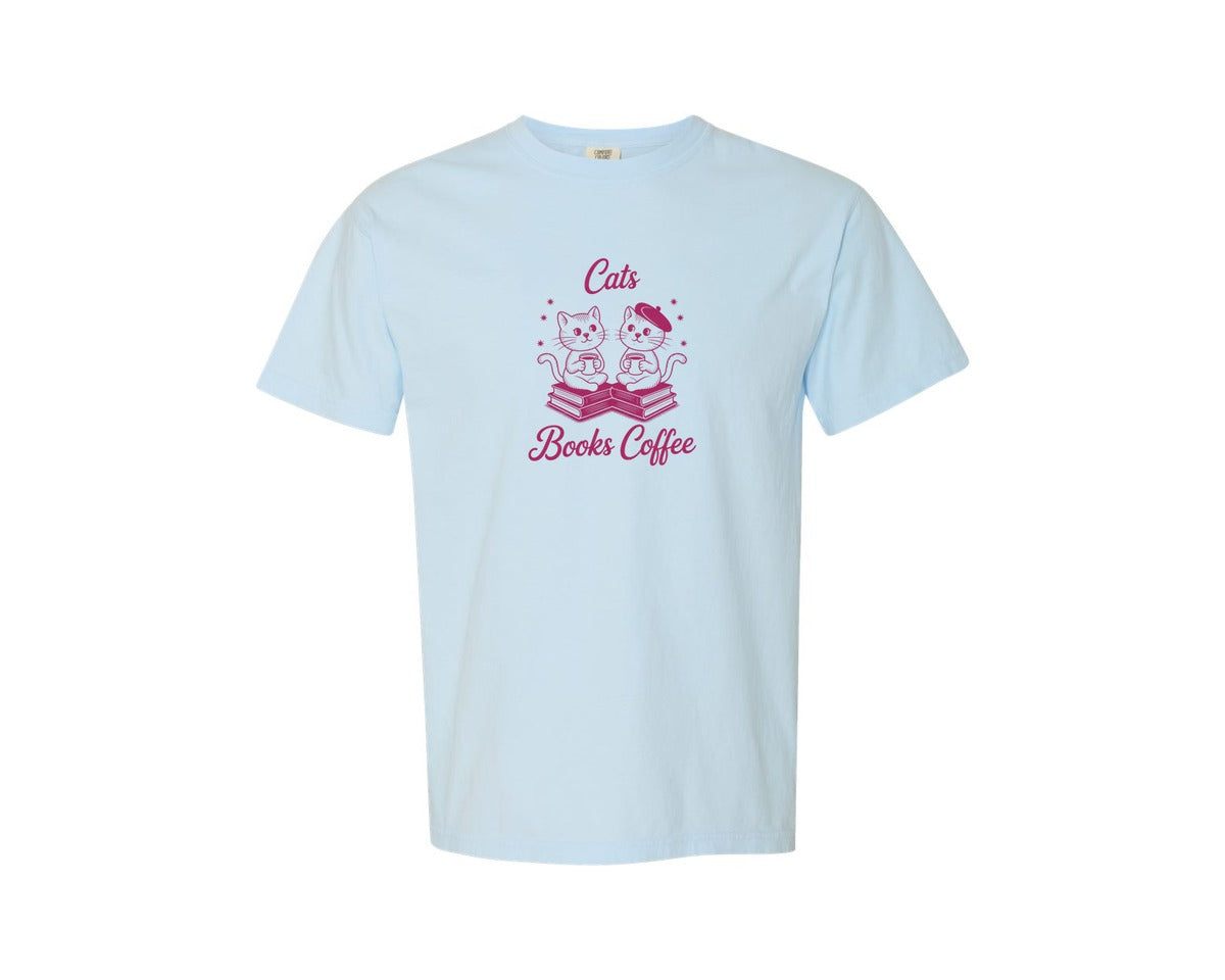 brand:Comfort Colors|color:Chambray|Cats Books Coffee Cute Reading Cat Graphic T-Shirt