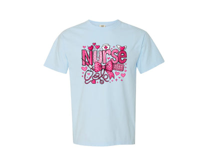 brand:Comfort Colors|color:Chambray|Pink Nurse Valentine Nurse Life Graphic T-Shirt