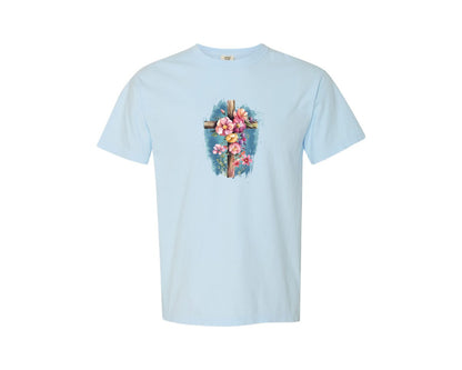brand:Comfort Colors|color:Chambray|Floral Christian Cross Graphic T-Shirt