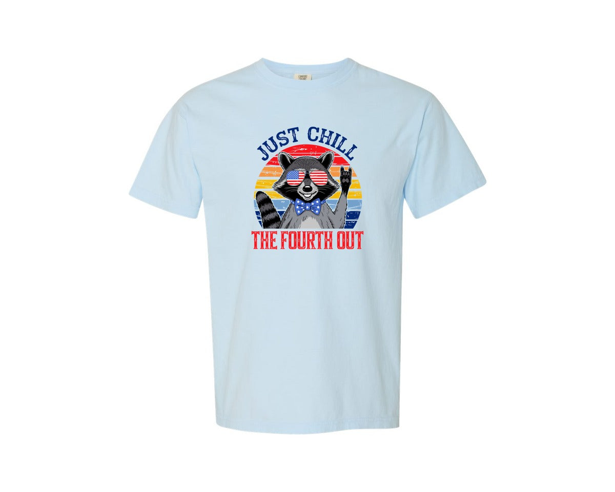 brand:Comfort Colors|color:Chambray|Retro Raccoon 4Th Of July Chill Vibes Graphic T-Shirt