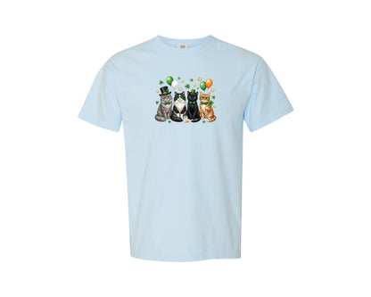 brand:Comfort Colors|color:Chambray|St Patricks Day Cats Shamrock Graphic T-Shirt