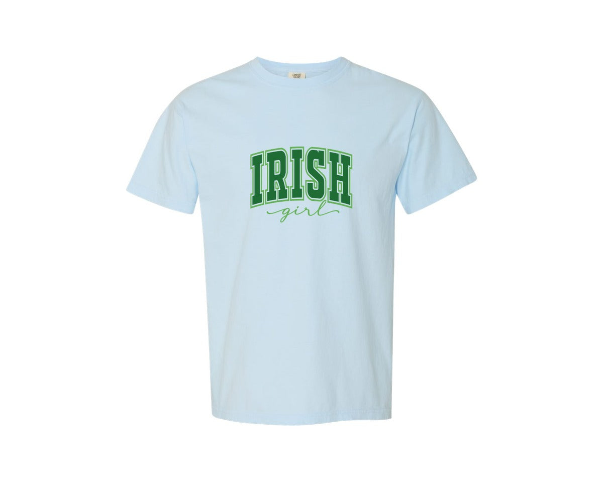 brand:Comfort Colors|color:Chambray|Retro Varsity Irish Girl Irish Graphic T-Shirt