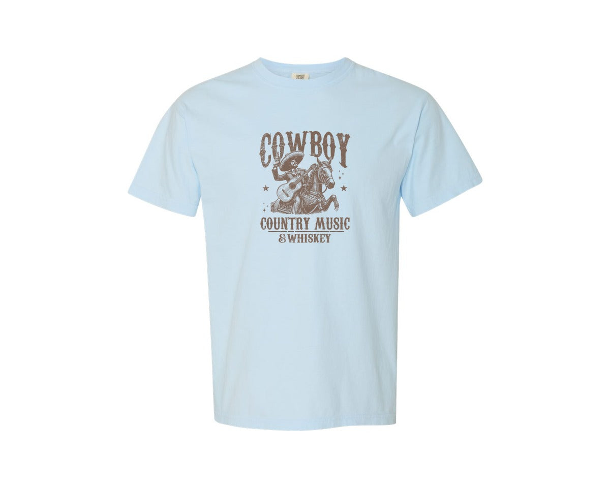 brand:Comfort Colors|color:Chambray|Cowboy Playing Guitar Whiskey Shirt Graphic T-Shirt