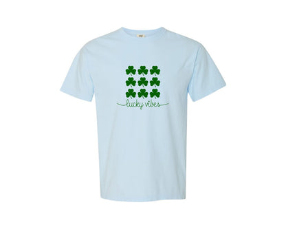 brand:Comfort Colors|color:Chambray|Lucky Shamrock Grid Typography Art Graphic T-Shirt