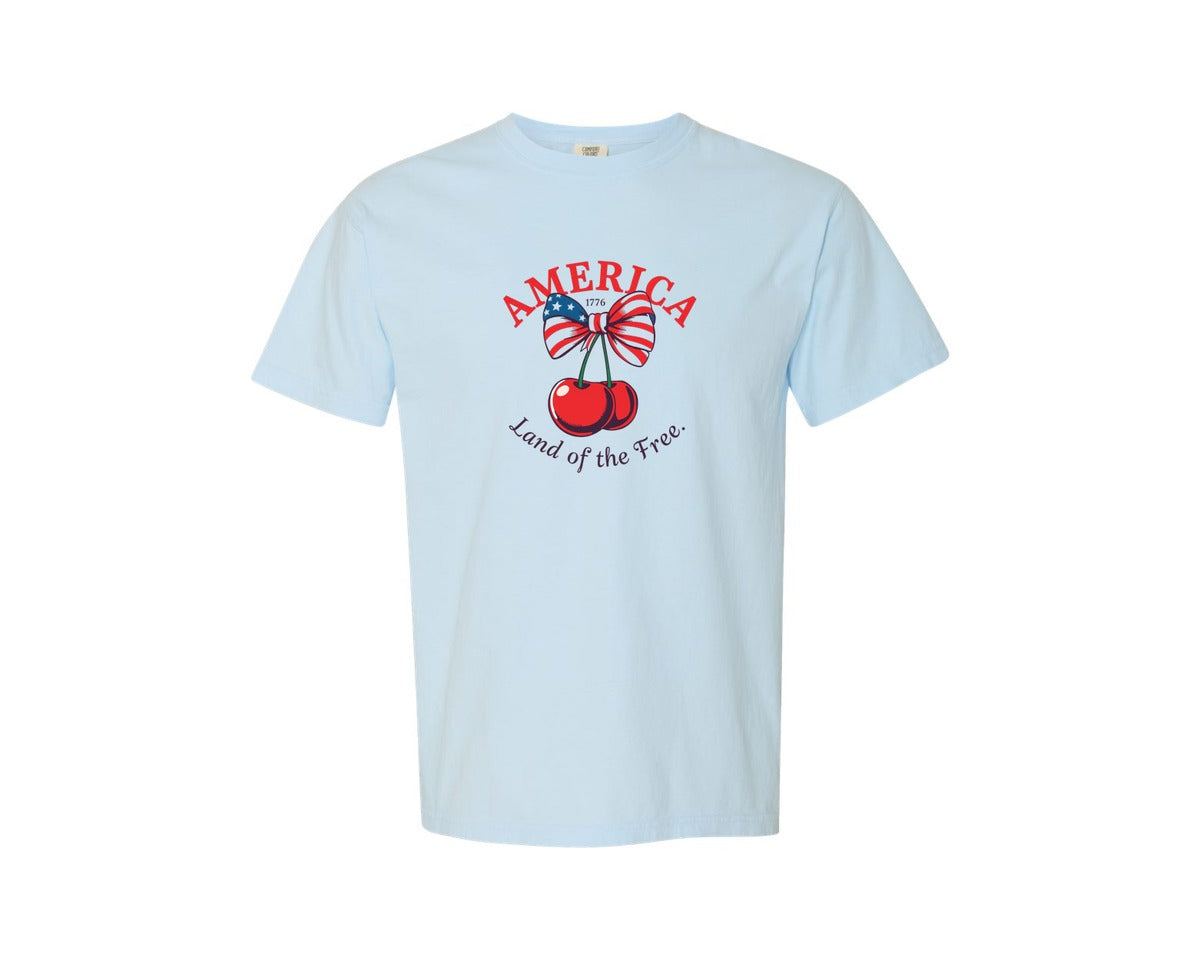 brand:Comfort Colors|color:Chambray|4Th Of July Coquette Cherry Bow 13 Graphic T-Shirt