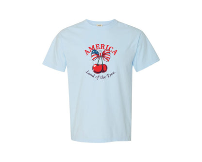 brand:Comfort Colors|color:Chambray|4Th Of July Coquette Cherry Bow 13 Graphic T-Shirt