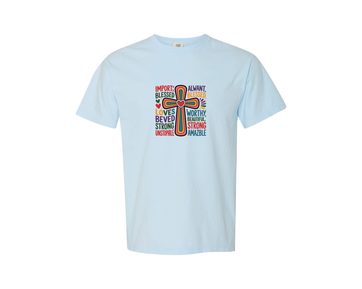 brand:Comfort Colors|color:Chambray|Easter Cross Typography With Blessings Graphic T-Shirt