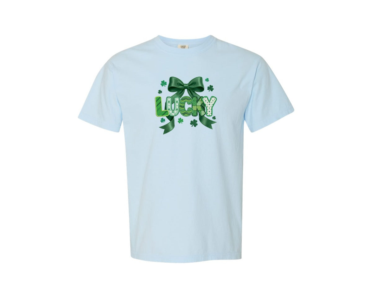 brand:Comfort Colors|color:Chambray|Lucky Shamrock Bow St Patricks 2 Graphic T-Shirt