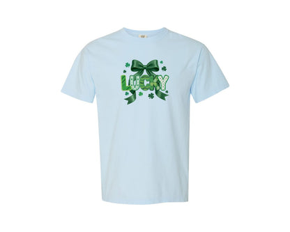 brand:Comfort Colors|color:Chambray|Lucky Shamrock Bow St Patricks 2 Graphic T-Shirt