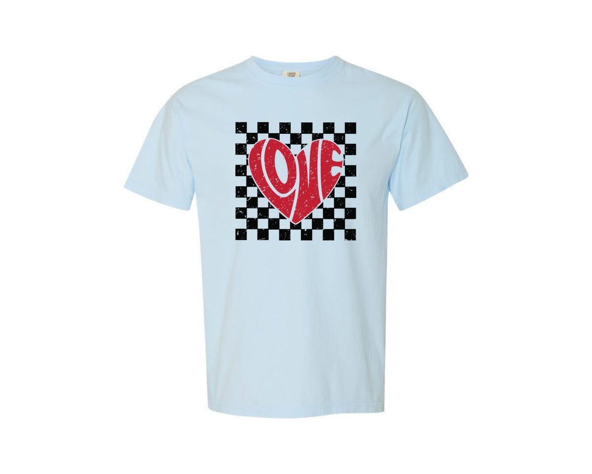 brand:Comfort Colors|color:Chambray|Retro Valentine Love Checkered Heart Graphic T-Shirt