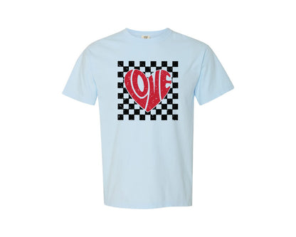 brand:Comfort Colors|color:Chambray|Retro Valentine Love Checkered Heart Graphic T-Shirt