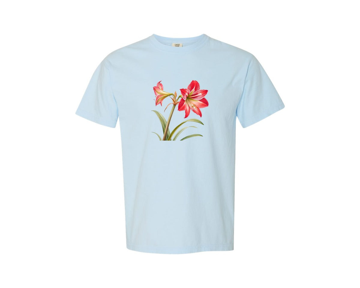 brand:Comfort Colors|color:Chambray|Red Amaryllis Flower T Shirt Design Graphic T-Shirt