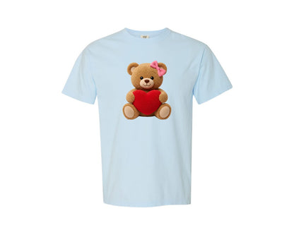 brand:Comfort Colors|color:Chambray|Faux Yarn Valentines Day Teddy Bear 3 Graphic T-Shirt