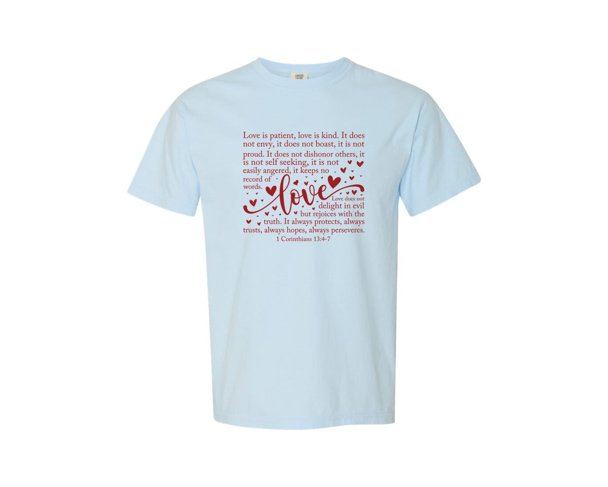 brand:Comfort Colors|color:Chambray|Love Is Patient Valentine Heart 14 Graphic T-Shirt
