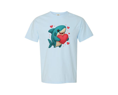 brand:Comfort Colors|color:Chambray|Crochet Shark Cute Valentine Graphic T-Shirt