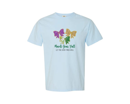 brand:Comfort Colors|color:Chambray|Mardi Gras Bow Glittery Purple Graphic T-Shirt