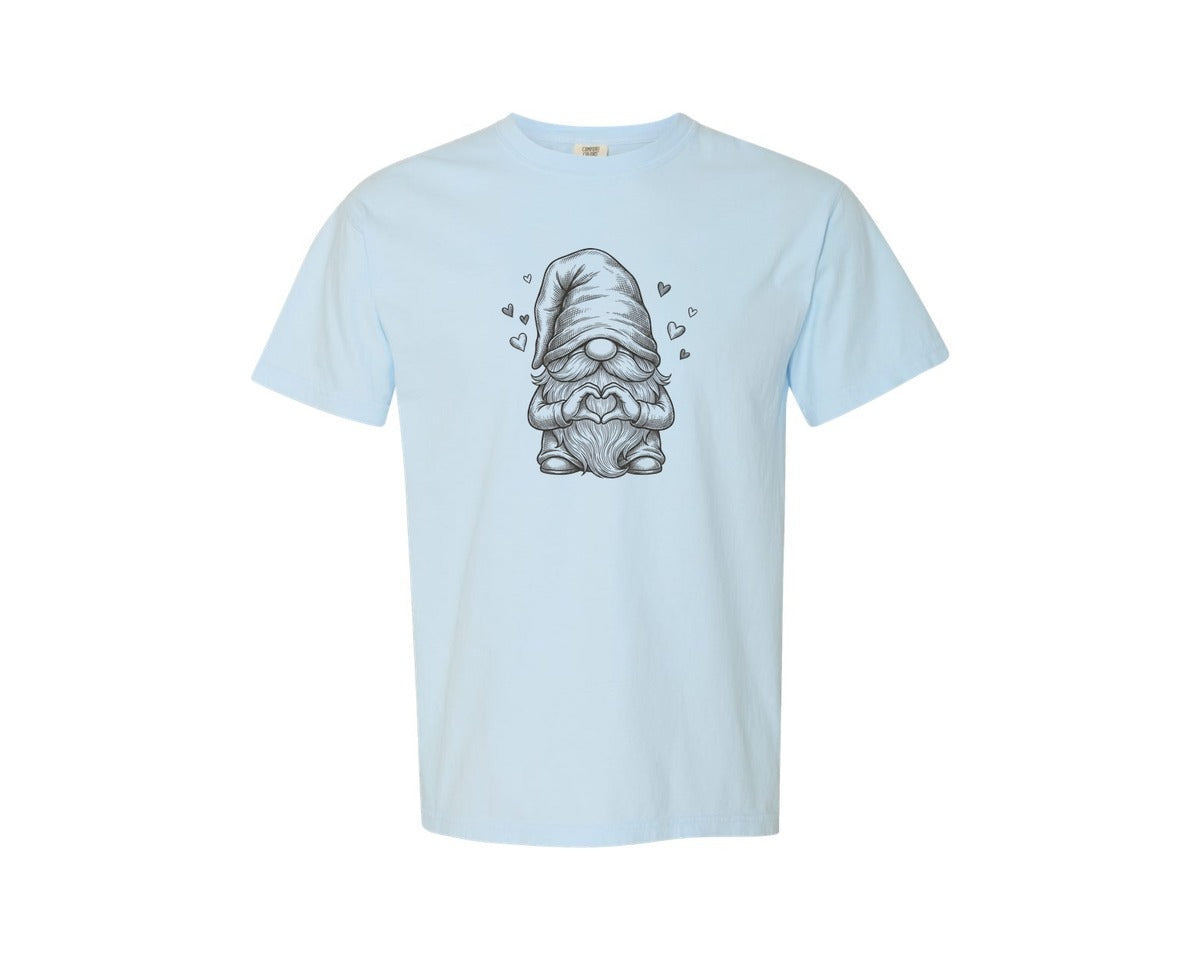 brand:Comfort Colors|color:Chambray|Love Gnome Heart Hands Line Art Graphic T-Shirt