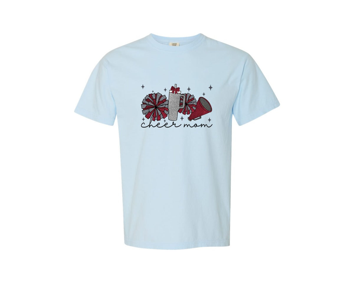 brand:Comfort Colors|color:Chambray|Cheer Mom Glitter Cheerleading Graphic T-Shirt