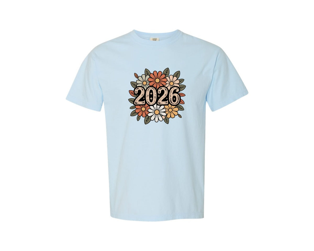 brand:Comfort Colors|color:Chambray|New Year Floral New Year 2026 Graphic T-Shirt