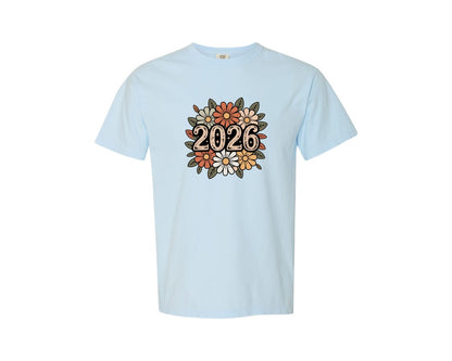 brand:Comfort Colors|color:Chambray|New Year Floral New Year 2026 Graphic T-Shirt