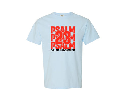 brand:Comfort Colors|color:Chambray|Christian Psalm 23 Varsity Design Graphic T-Shirt