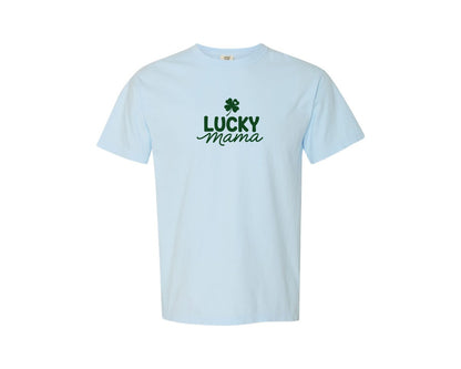brand:Comfort Colors|color:Chambray|Lucky Mama Patricks Day Shamrock Graphic T-Shirt