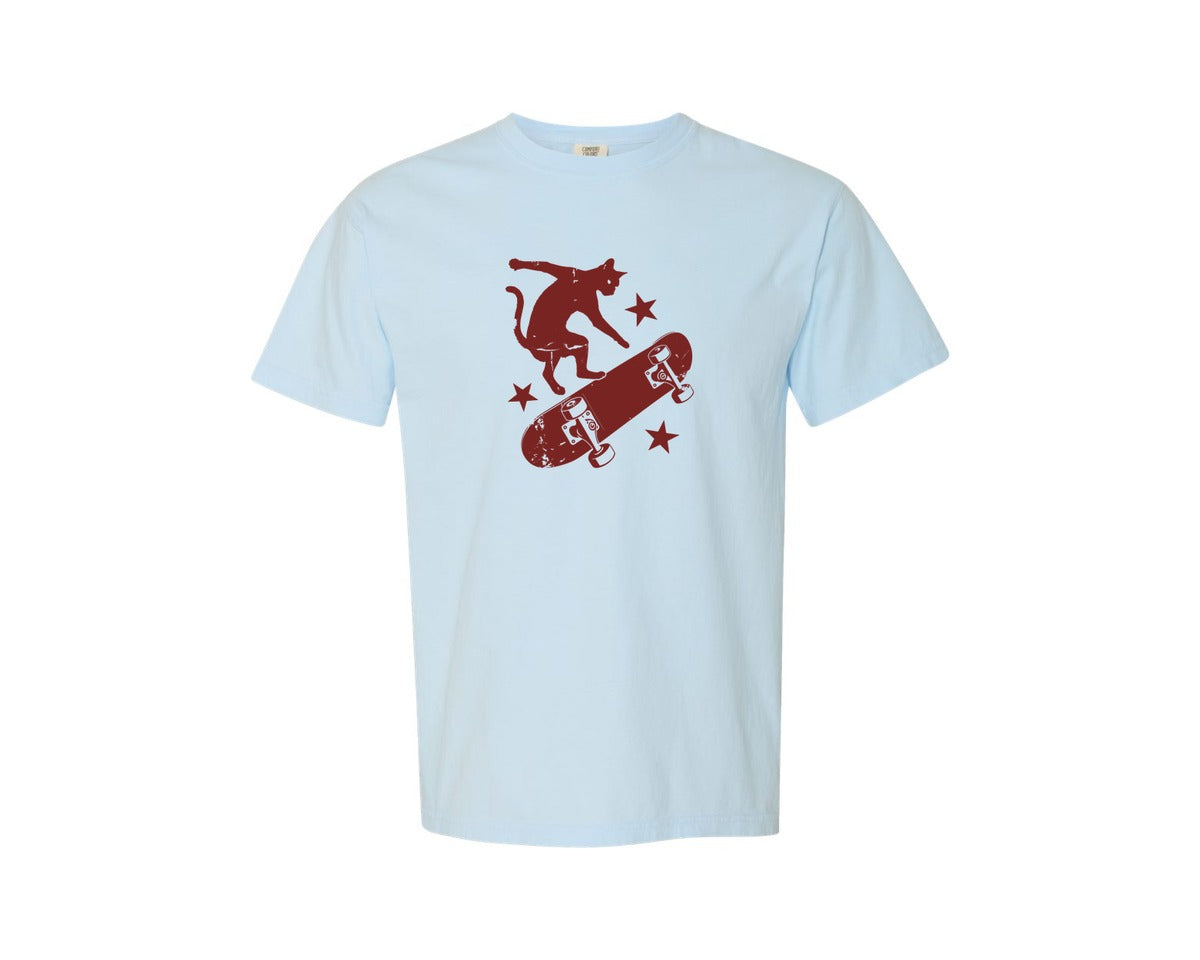 brand:Comfort Colors|color:Chambray|Vintage Skateboard Cat Y2K Shirt Graphic T-Shirt