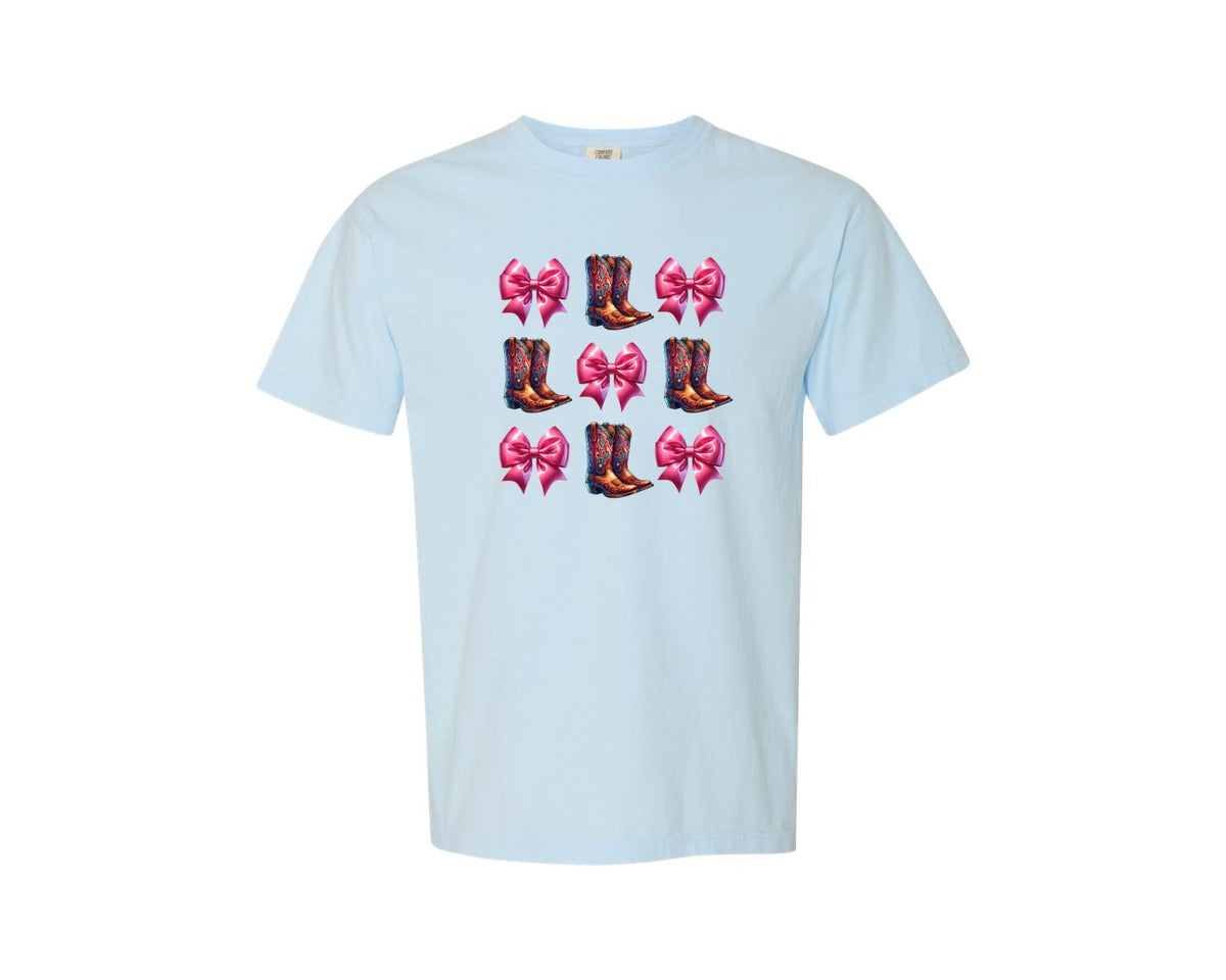brand:Comfort Colors|color:Chambray|Coquette Bow Cowgirl Boots Graphic T-Shirt