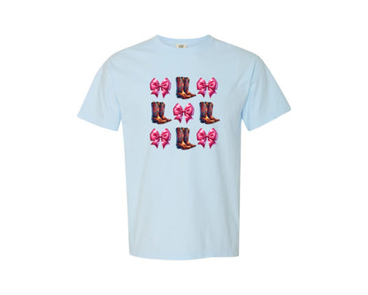 brand:Comfort Colors|color:Chambray|Coquette Bow Cowgirl Boots Graphic T-Shirt