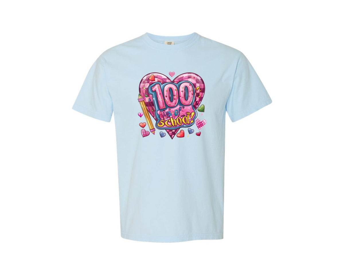 brand:Comfort Colors|color:Chambray|Valentine 100 Days Of School Bow Graphic T-Shirt
