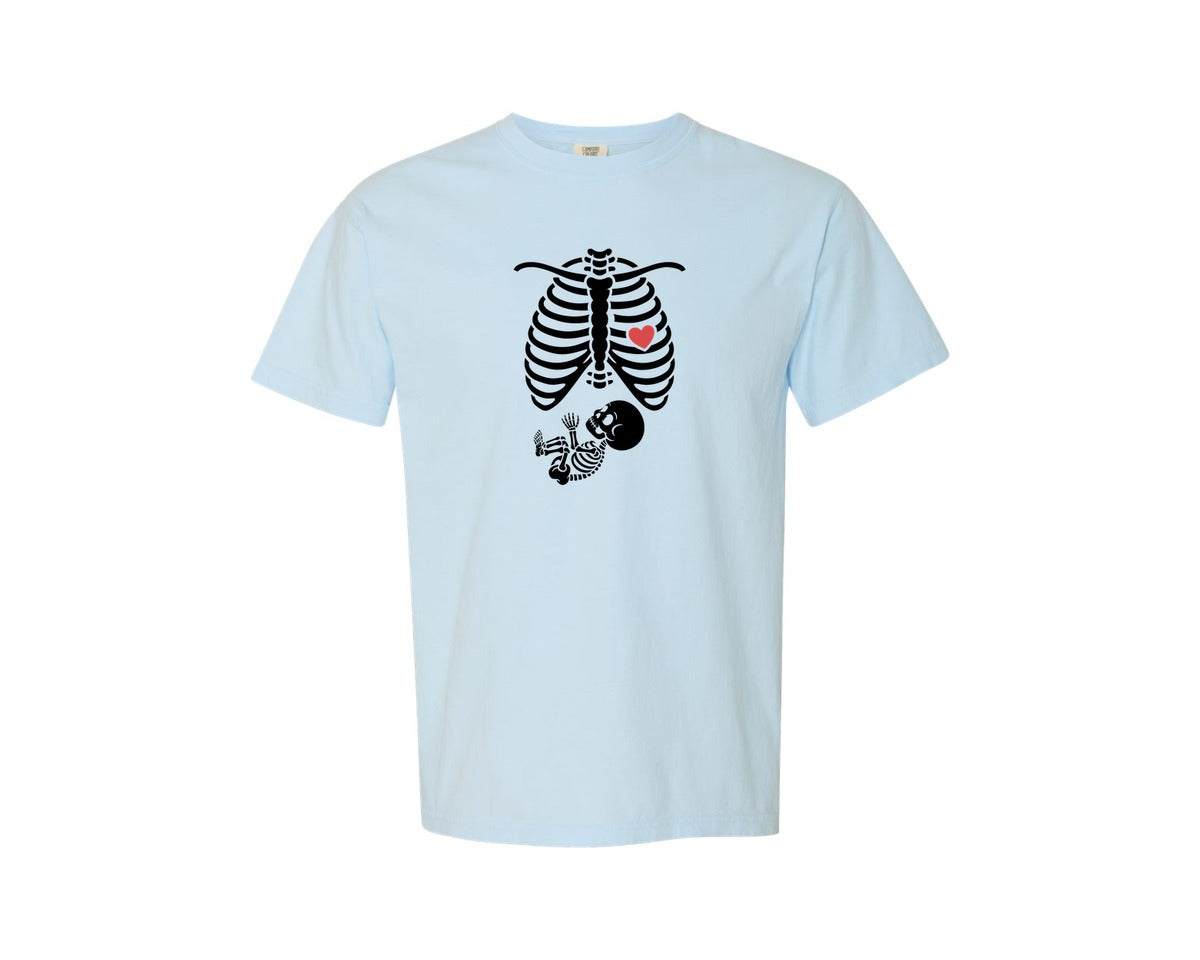 brand:Comfort Colors|color:Chambray|Skeleton Halloween Maternity Fall Mama Graphic T-Shirt