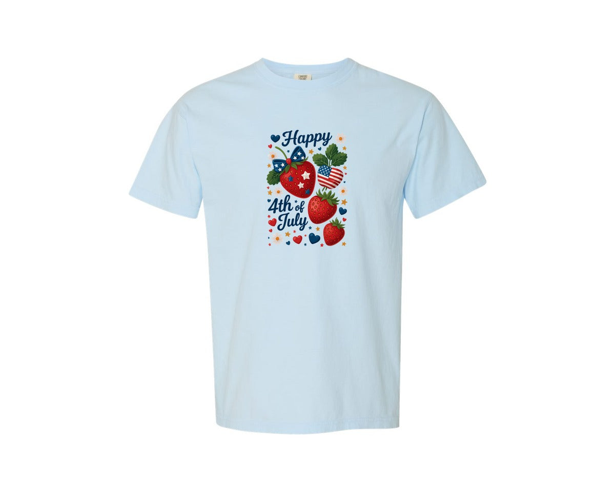 brand:Comfort Colors|color:Chambray|4Th Of July Patriotic Strawberry Graphic T-Shirt