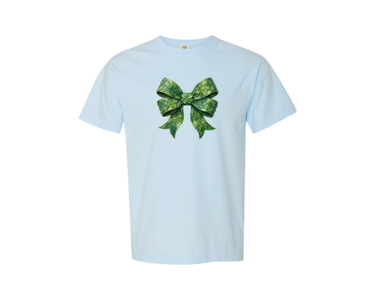 brand:Comfort Colors|color:Chambray|St Patricks Day Shamrock Bow 5 Graphic T-Shirt